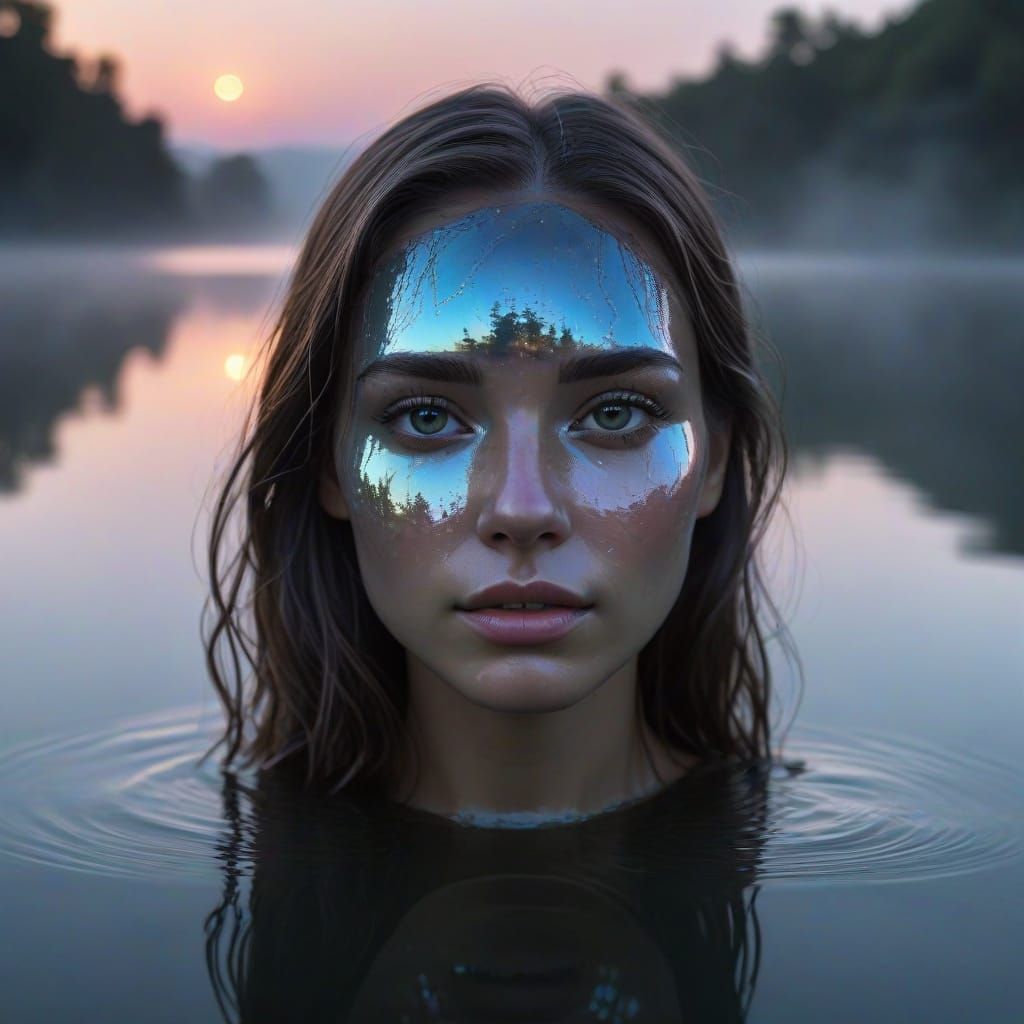 Mystical Iridescent Goddess Overlooks Misty Lake