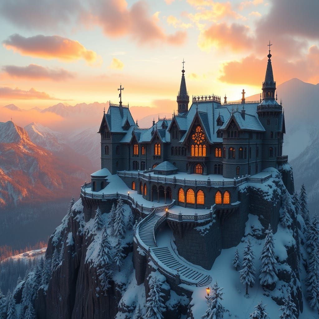 Majestic Snowy Mountain Mansion at Sunrise in a Fantasy Styl...