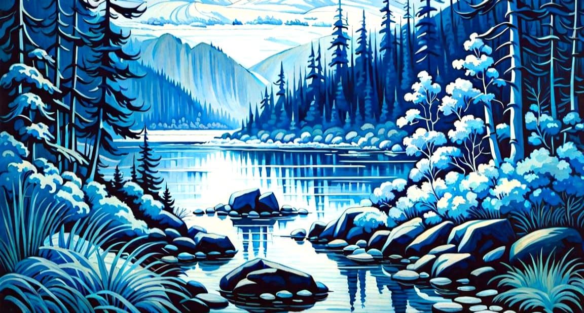 Blue Landscape in Ink Drawing Style