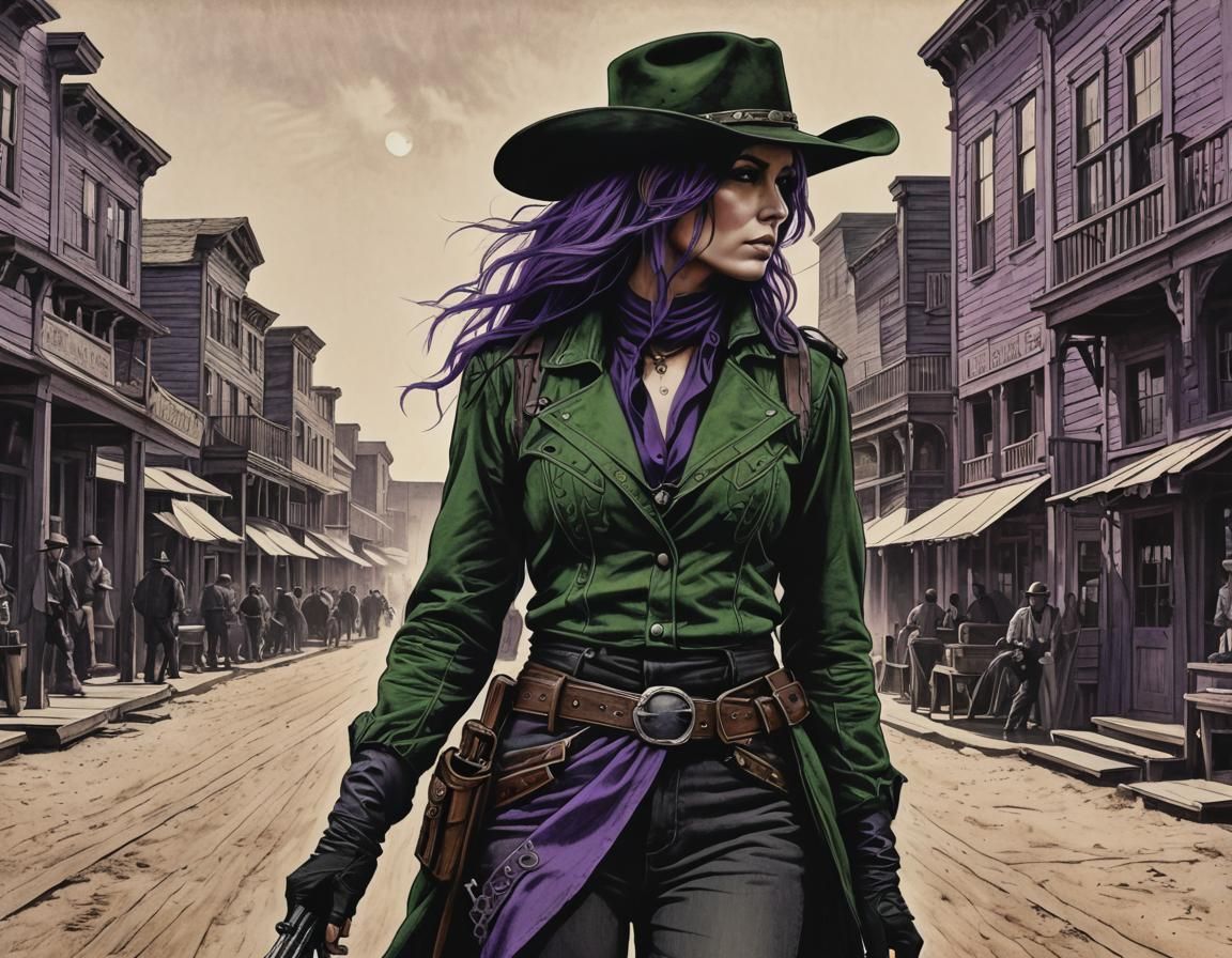 Purple-Haired Gunslinger Silhouette in Old Western Town