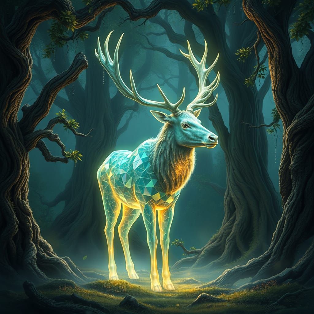 Ethereal Elk Radiates Soft Prismatic Light in Mystical Fores...