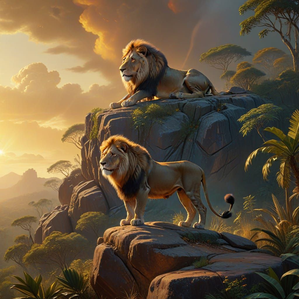 Lion Overlooking Jungle as Gouache Painting