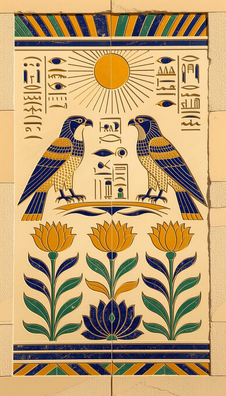 Ancient Egyptian Relief Art with Falcons and Lotus Flowers