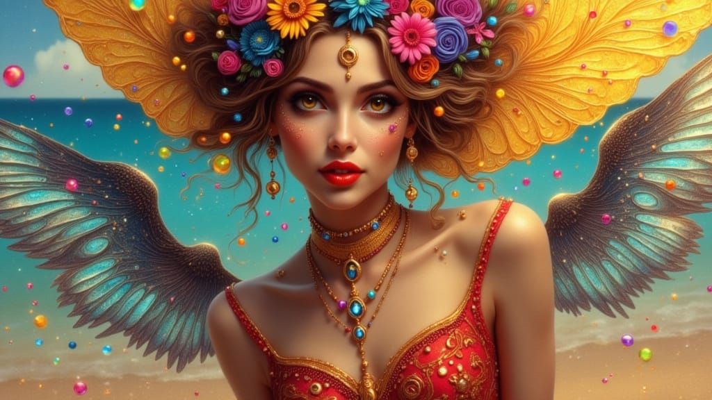 Whimsical Art Nouveau Summer Portrait in Teal and Gold