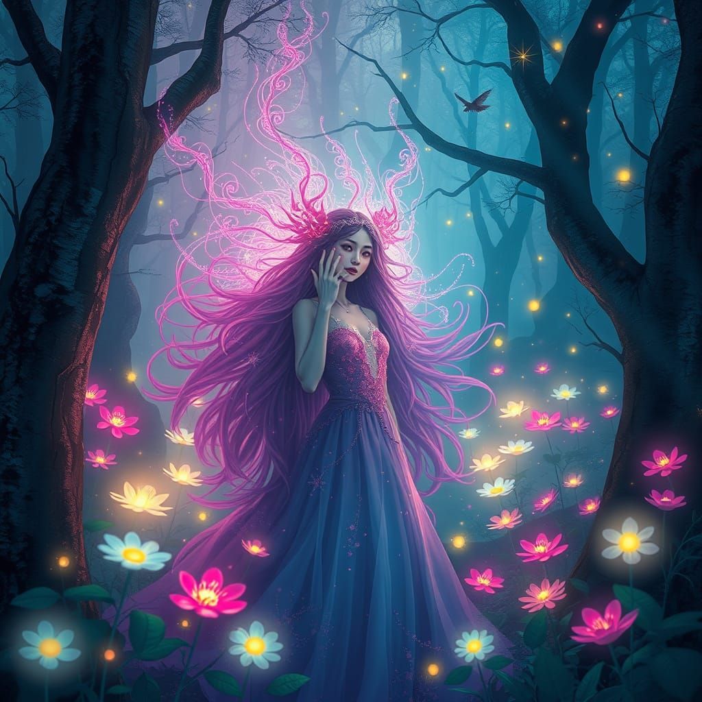 Mystical Woman in Bioluminescent Enchanted Forest