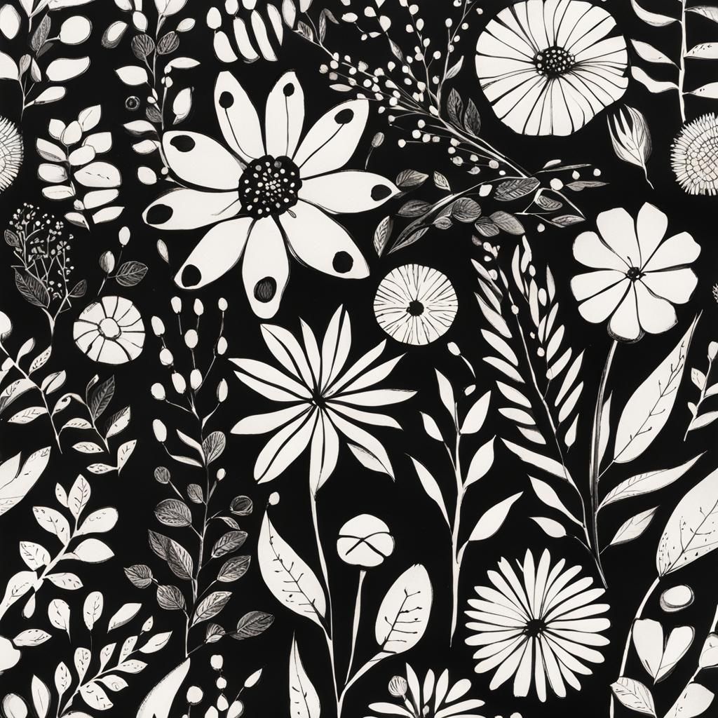 Detailed Black Ink Flower Botanical Art