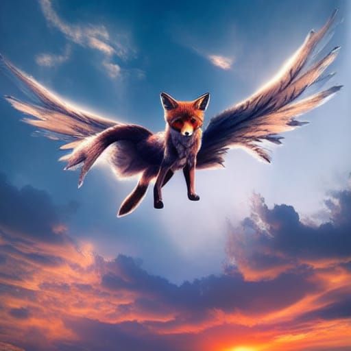 Fox with Cloud Wings in Sunset Sky
