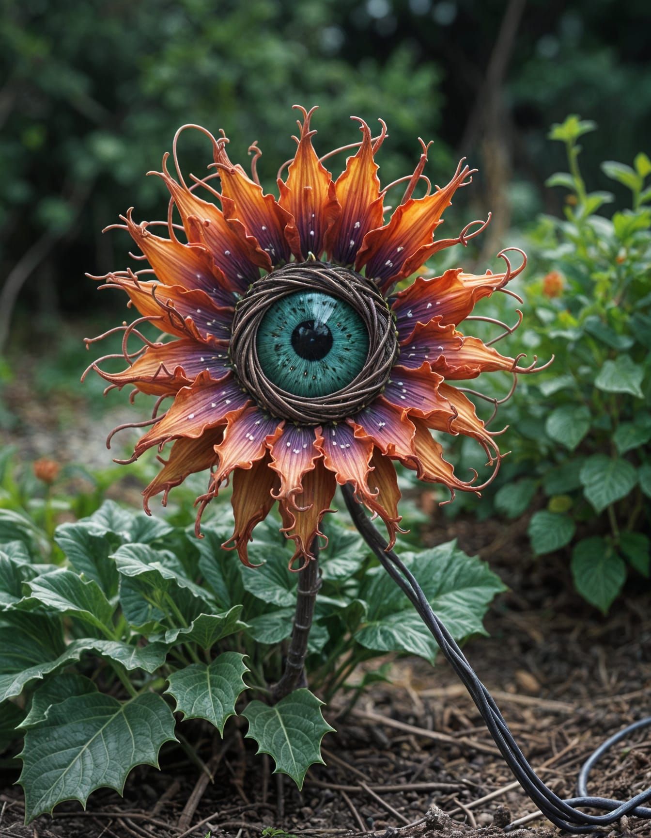 Surreal Flower Blooms with Electronic Wires and Ribbons in a...