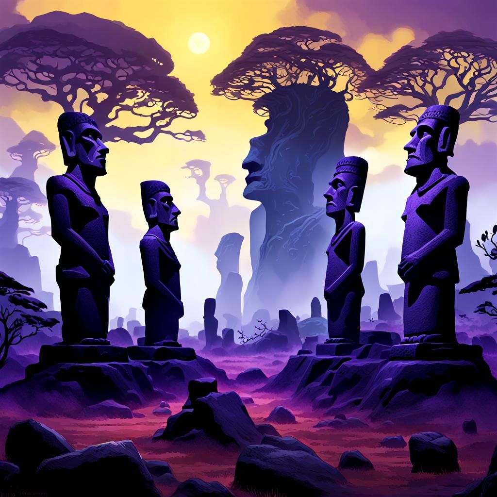Eerie Easter Island Statues in Dark Fantasy Art