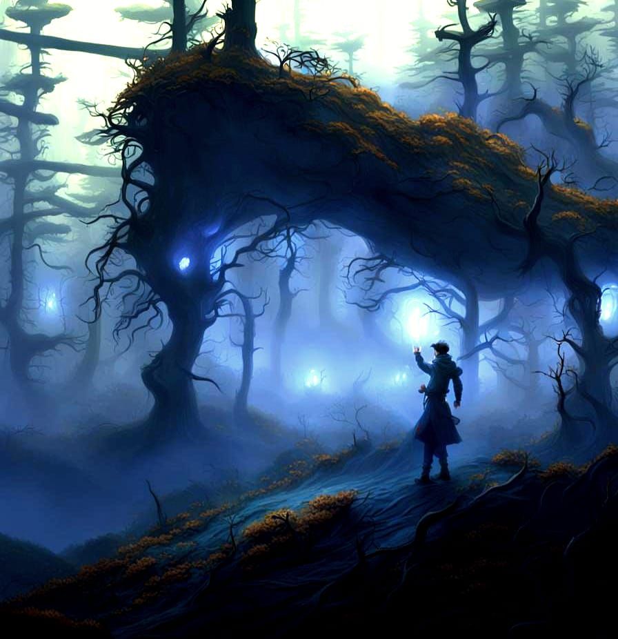Runner in Dark Fantasy Forest, Detailed Matte Painting