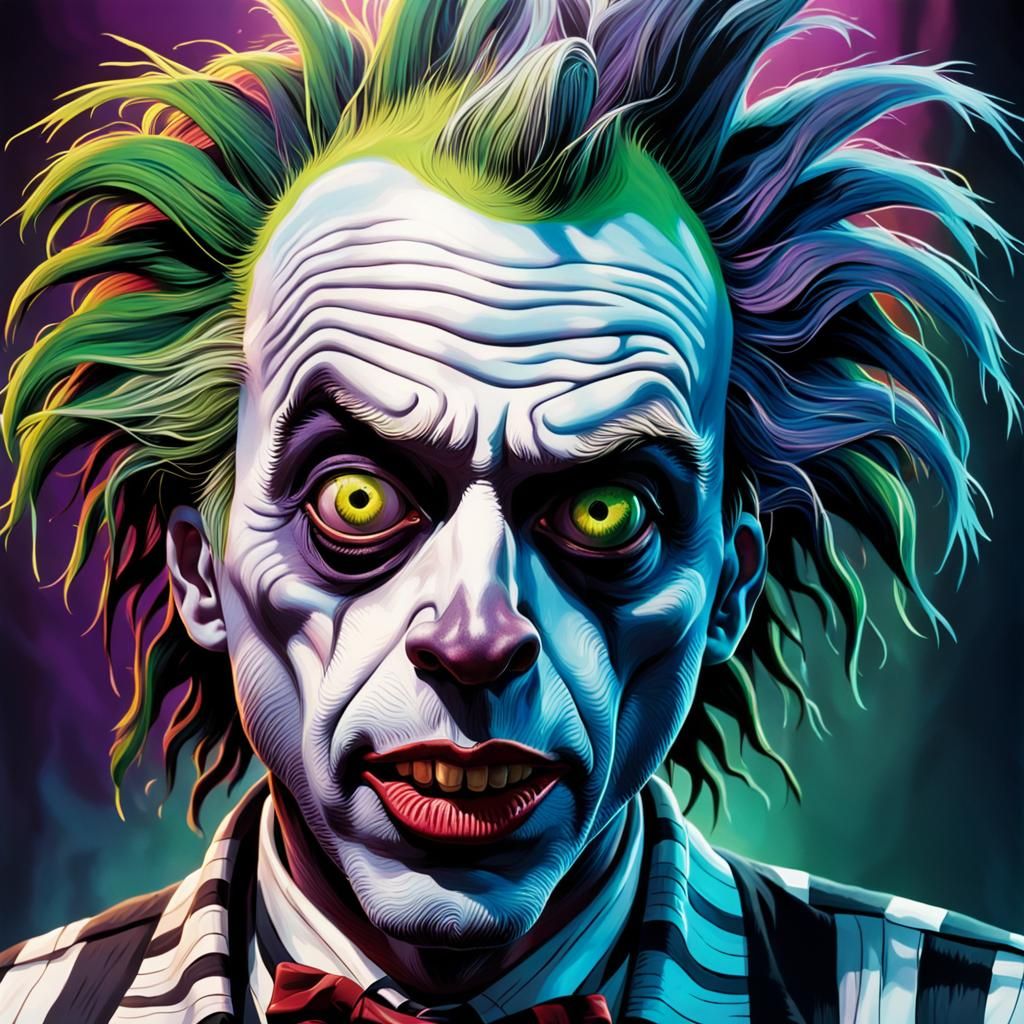 Hyperrealistic Beetlejuice Portrait in Splash Art Style