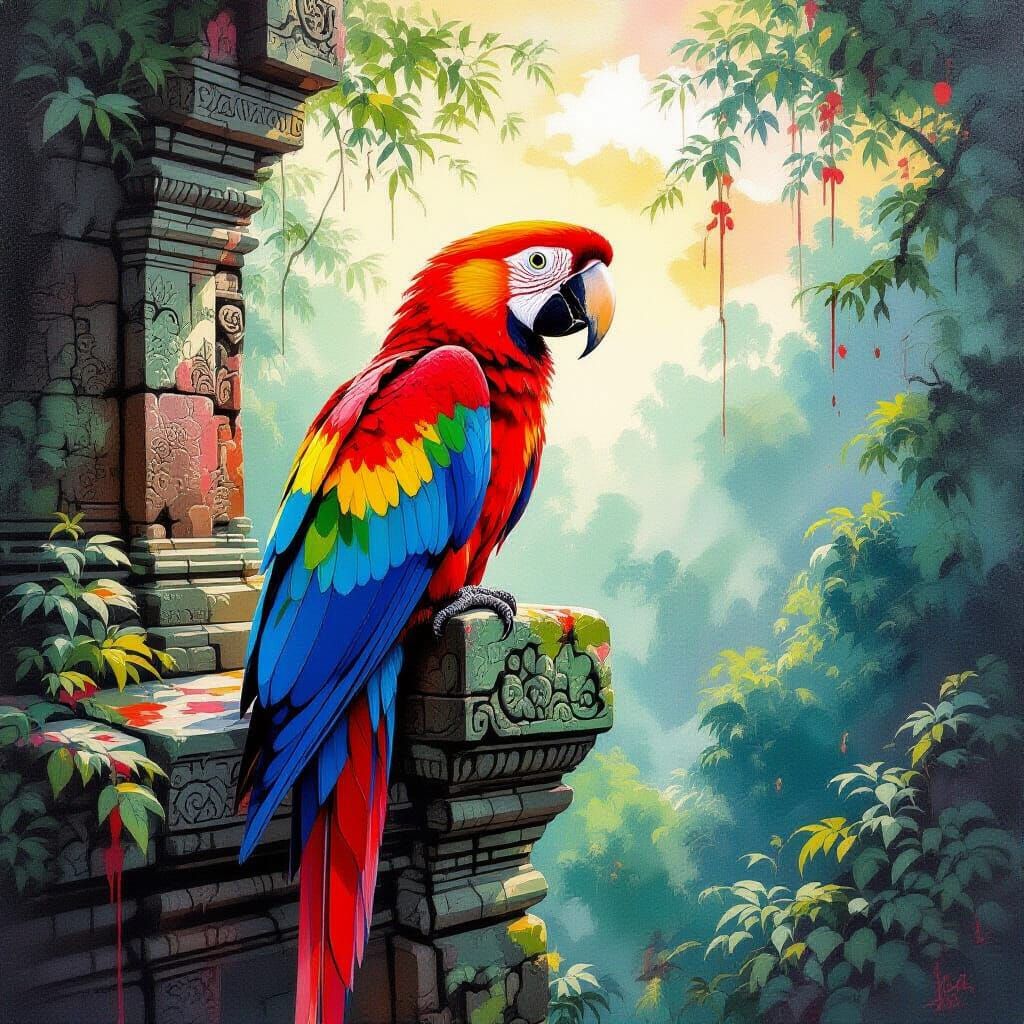 Scarlet Macaw on Temple Ruins in Watercolor Style
