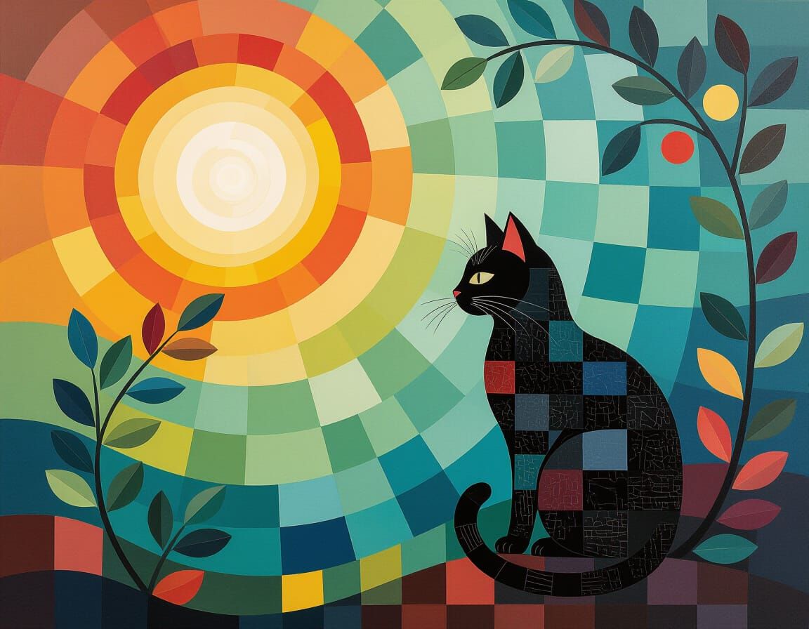 Cat in Teal and Crimson Fog Gradient Oil Painting