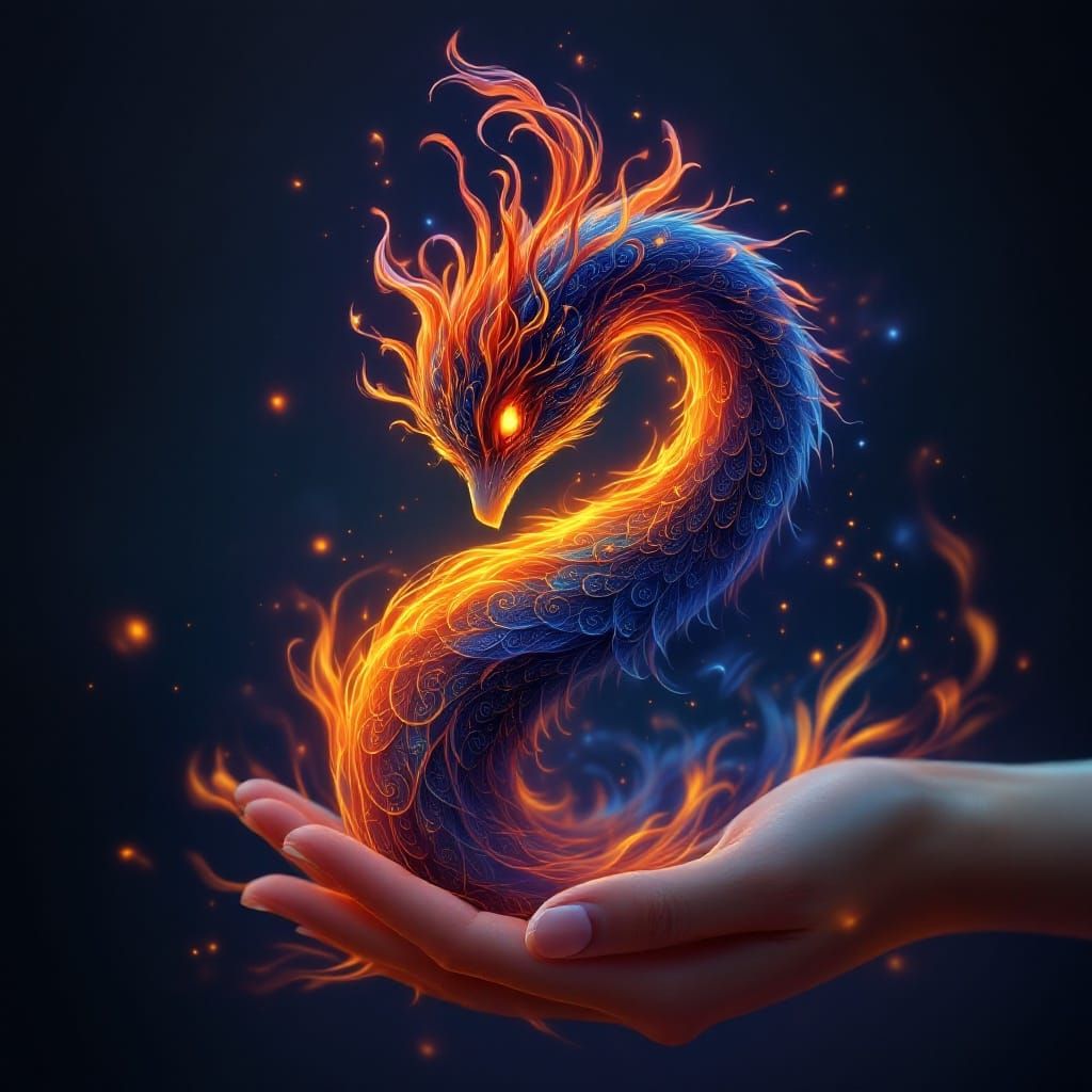 Flame Peacock Creature in Dark Blue Setting