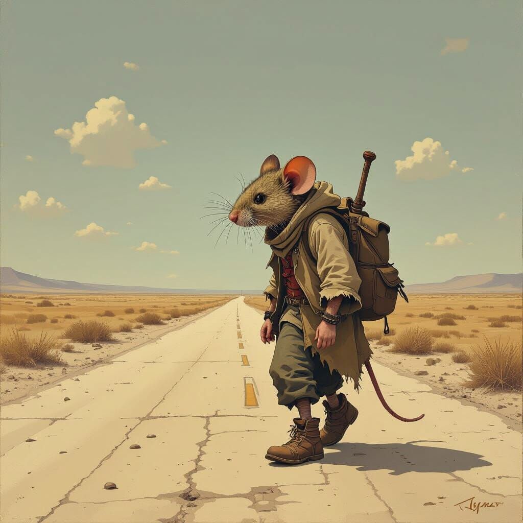 Weary Tramp Mouse on an Endless Road