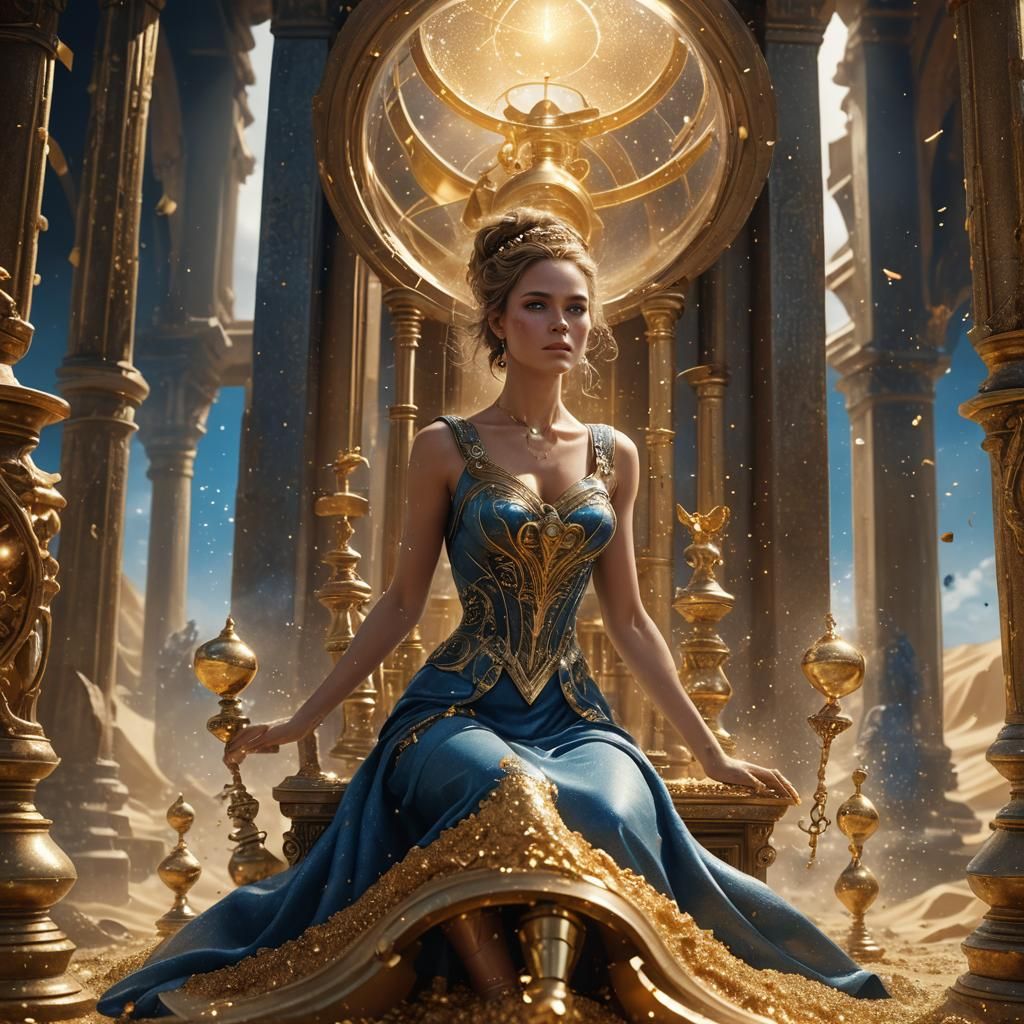 Woman on Hourglass with Gold Sand: Fantasy Art