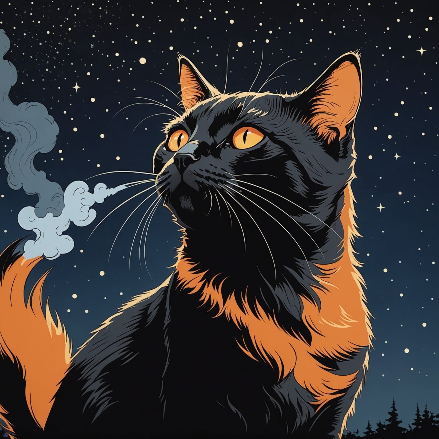 Black and Orange Cat Smoking in Woodcut Style
