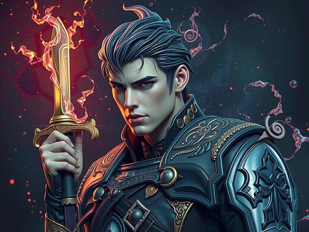 Epic Fantasy Hero in Radiant Fractal Aura