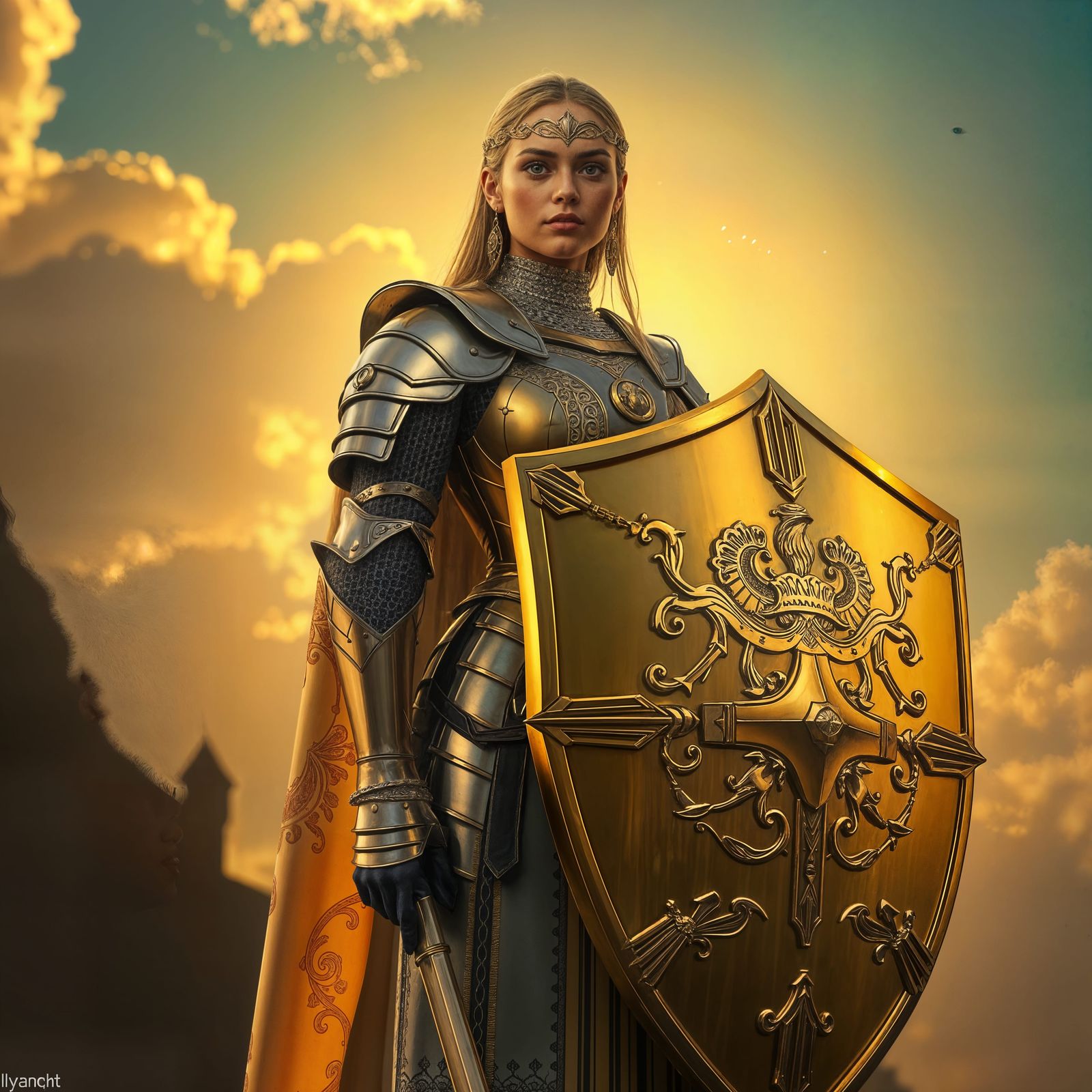 Majestic Female Knight with Golden Shield