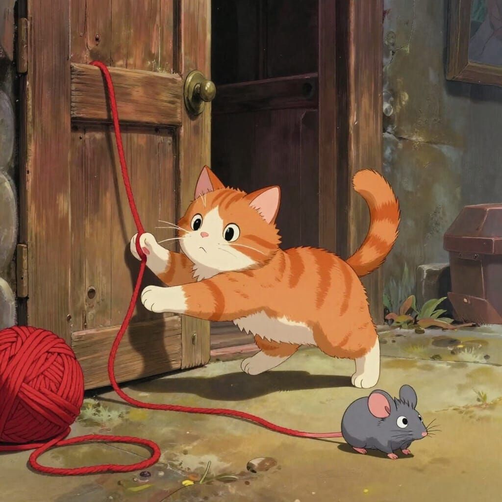 Ginger Cat Chases Yarn Transforming into a Mouse