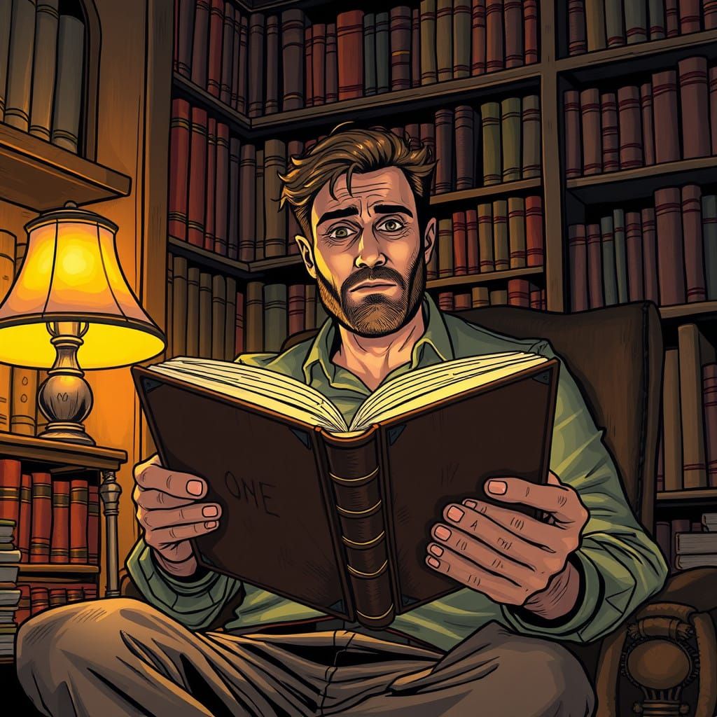 Man Reads in Cozy Study with Warm Lighting
