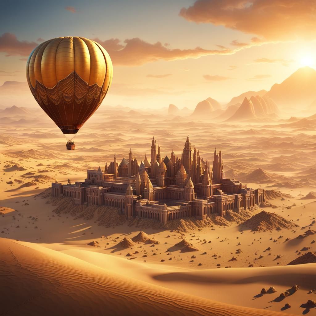 Desert Hot Air Balloon at Sunset: Fantasy Art