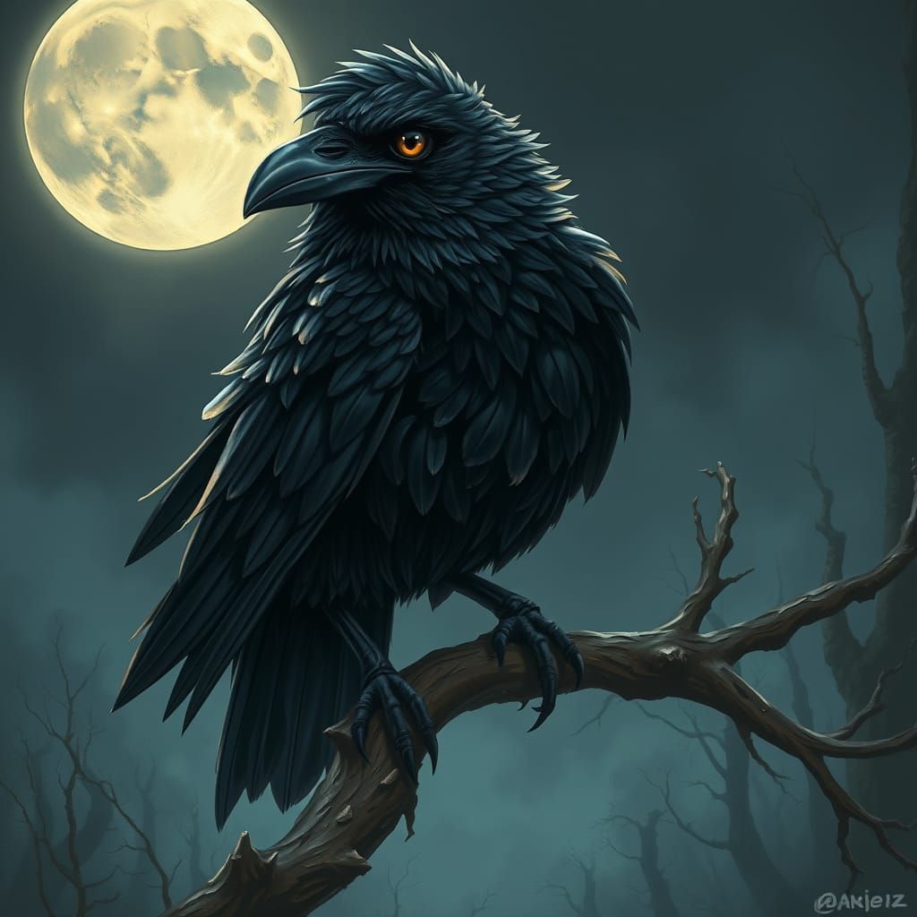Mysterious Crow in Moonlit Forest