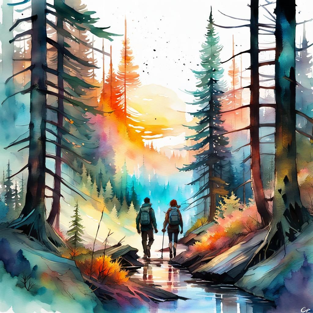 Couple Walking in Majestic Forest: Watercolor Illustration