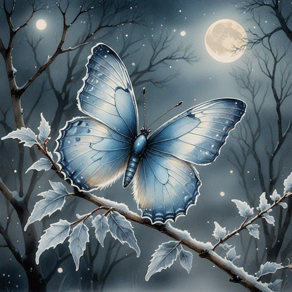 lora:Antique Watercolor 2:1.1 lora:MrsH Watercolor:1.0 frosted ice blue butterfly in winter shining under misty moonligh...