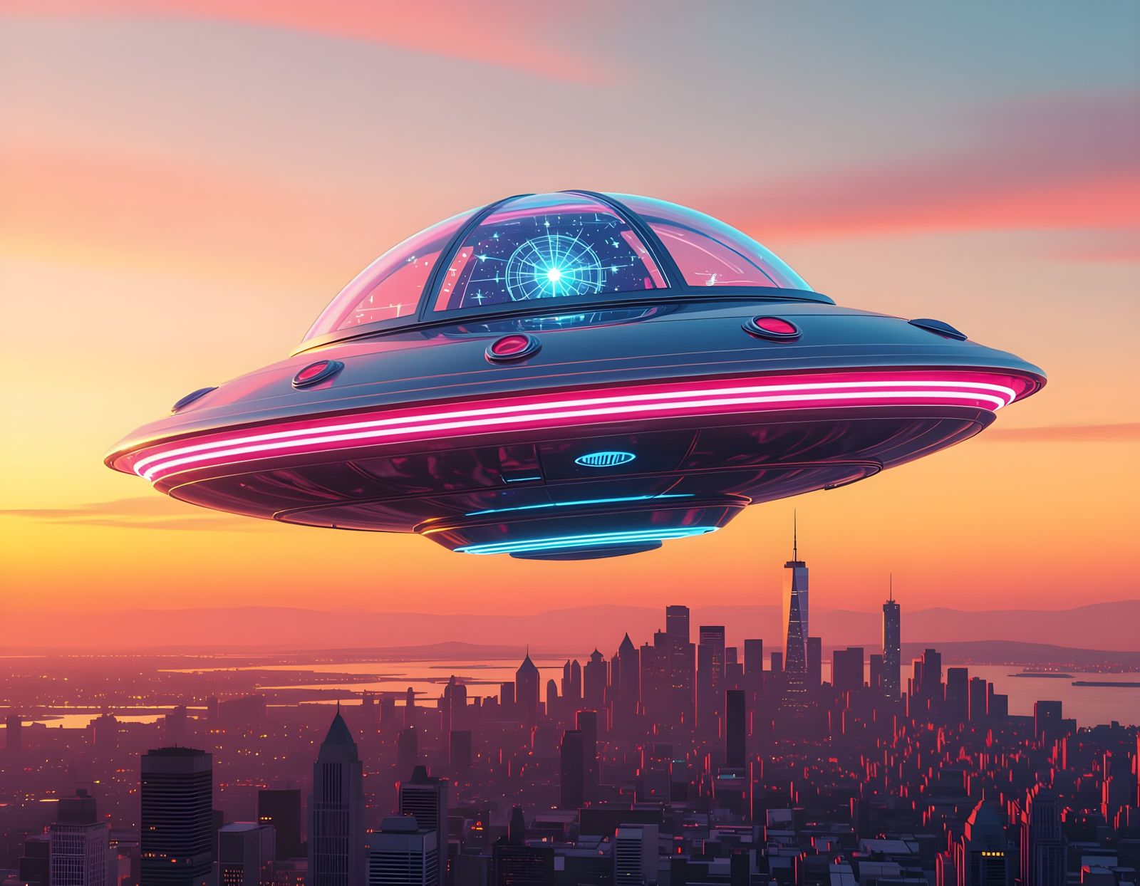 1950s Flying Saucer Over Metropolis at Sunset