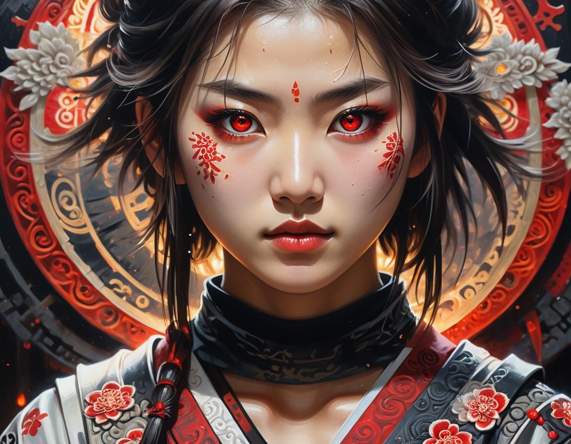 Japanese Samurai Girl Portrait in Romantic Oil Painting