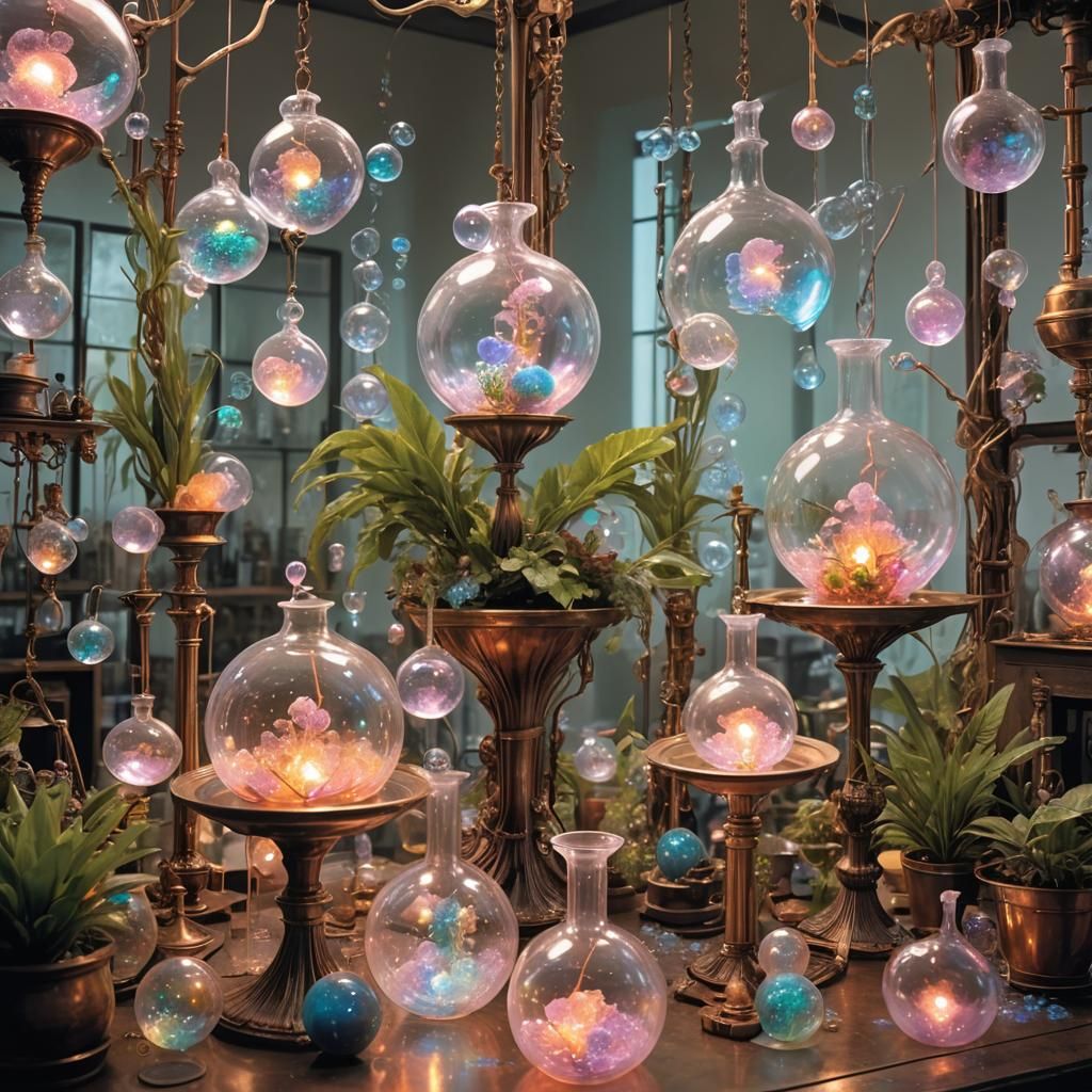 Fantastical Chemistry Lab with Bioluminescent Plants