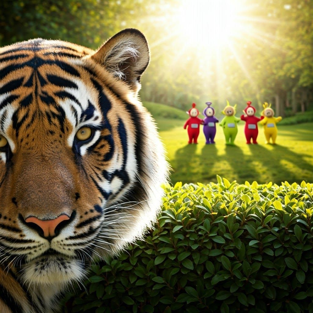 Tiger Spies on Teletubbies in Sunlit Meadow