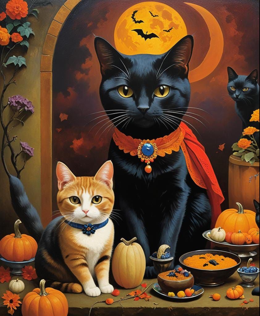 Halloween Cats and Pumpkins in Surrealist Oil Painting