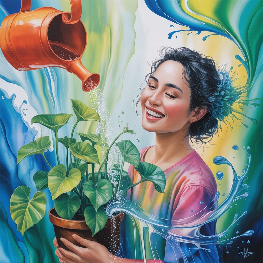 Abstract fluid painting. An Indonesian woman smiles serenely as she waters her plants. Joyful expression. Vibrant, flowi...