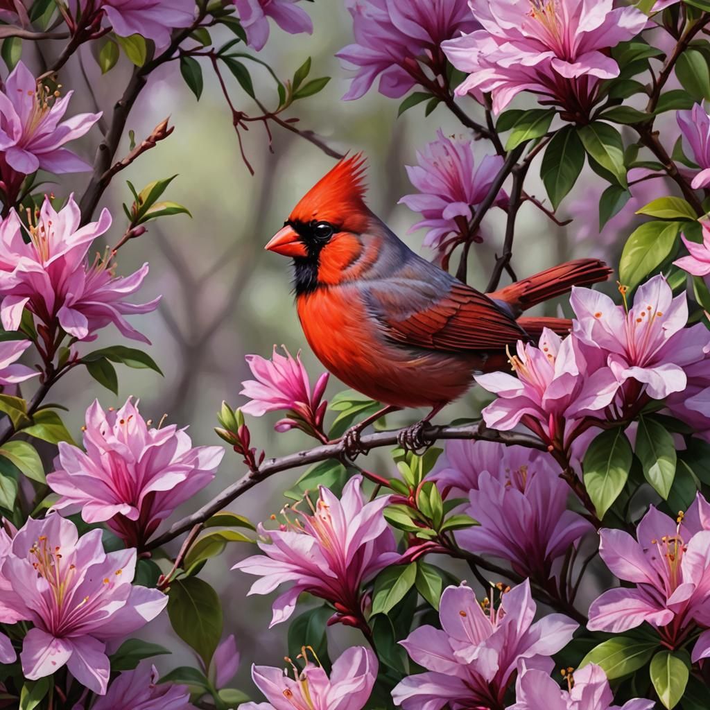 Red Cardinal Amidst Purple Azalea Bush