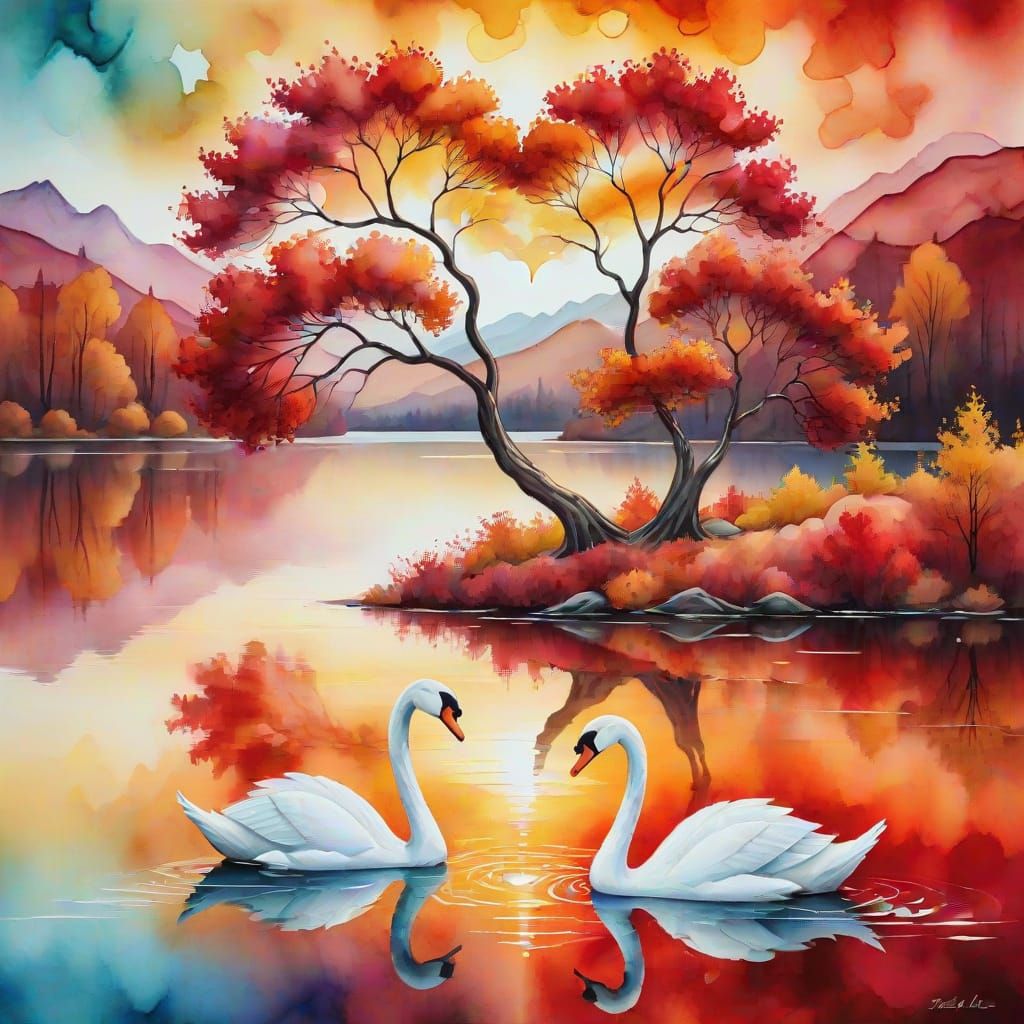 Swans Form a Heart in Autumn: Alcohol Ink Art