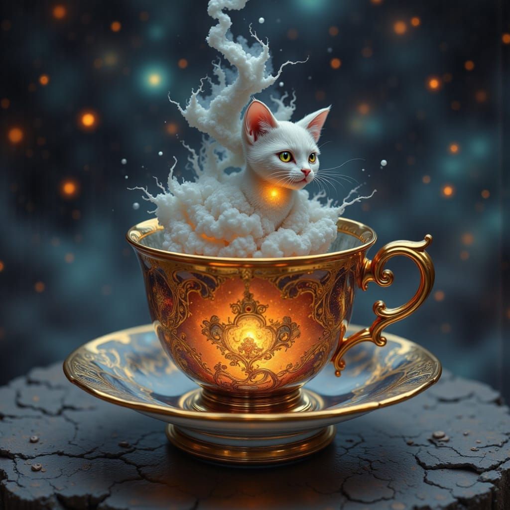 Surreal Feline in Glass Cup: Cyberpunk Steampunk Blend
