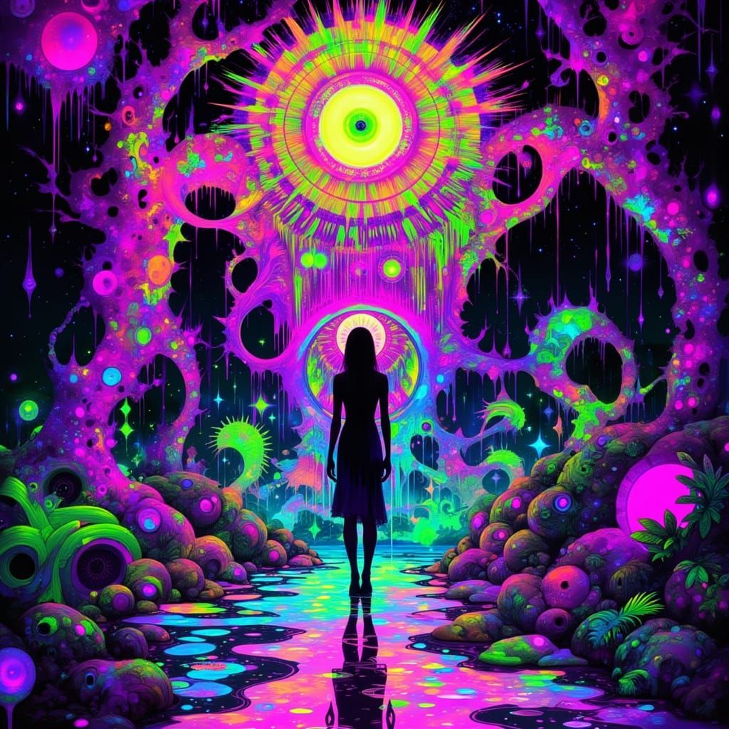 Psychedelic Dreamscape with Ethereal Figure in Neon Colors