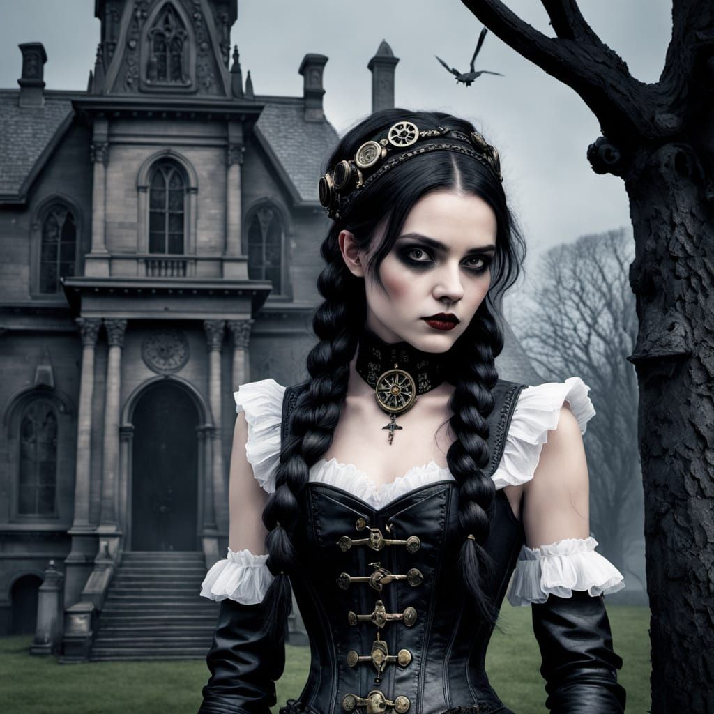 Steampunk Wednesday Addams Dances in Cemetery
