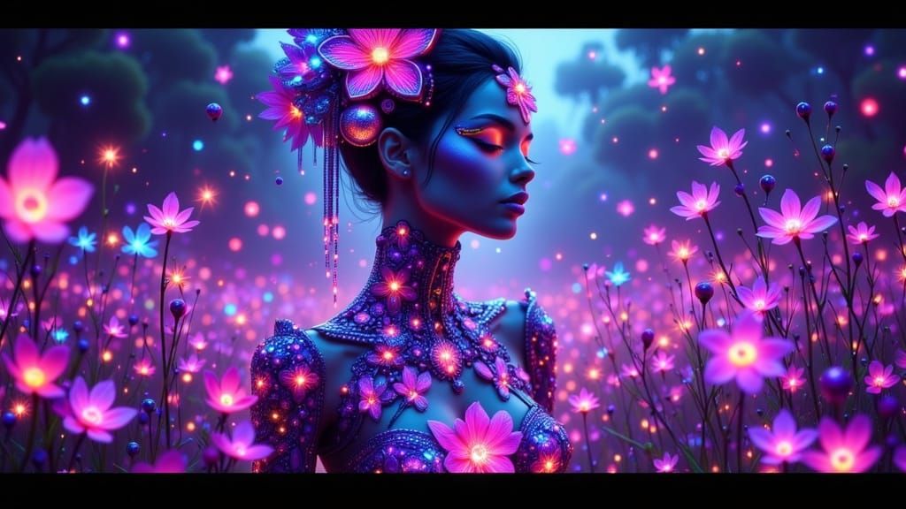 Breathtaking Woman in Bioluminescent Outfit and Glowing Flow...