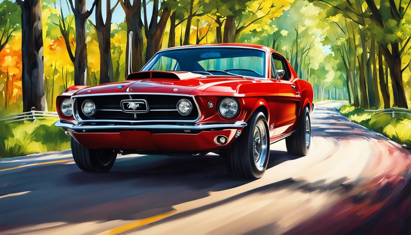 Red Mustang Boss 429 on Country Road in Alcohol Ink Style