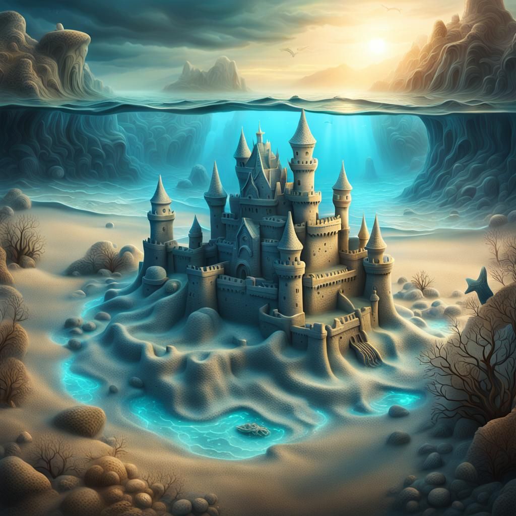 Underwater Sandcastle: Hyperrealistic Digital Matte Painting