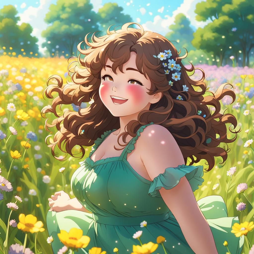 Anime Style: Chubby Woman Dancing in Flower Field