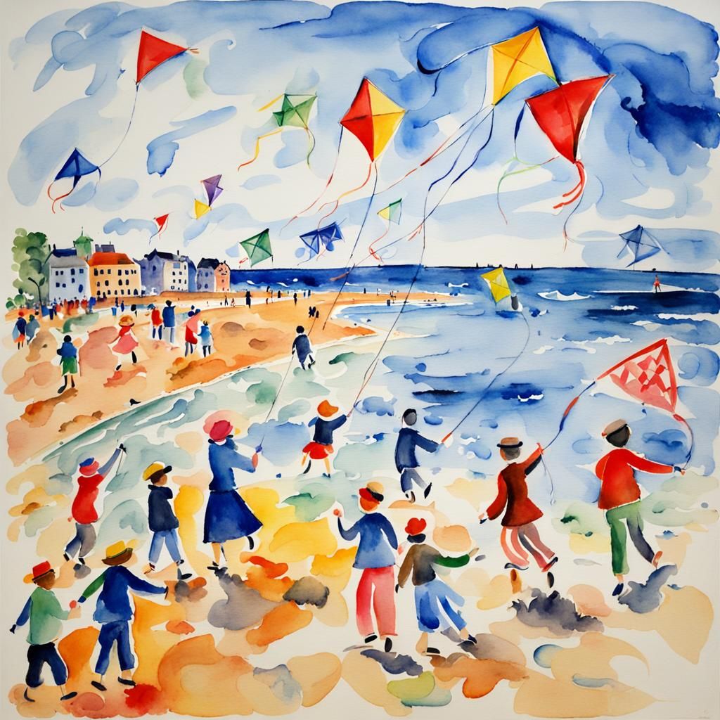 Colorful Kites on the Beach in Watercolor Style