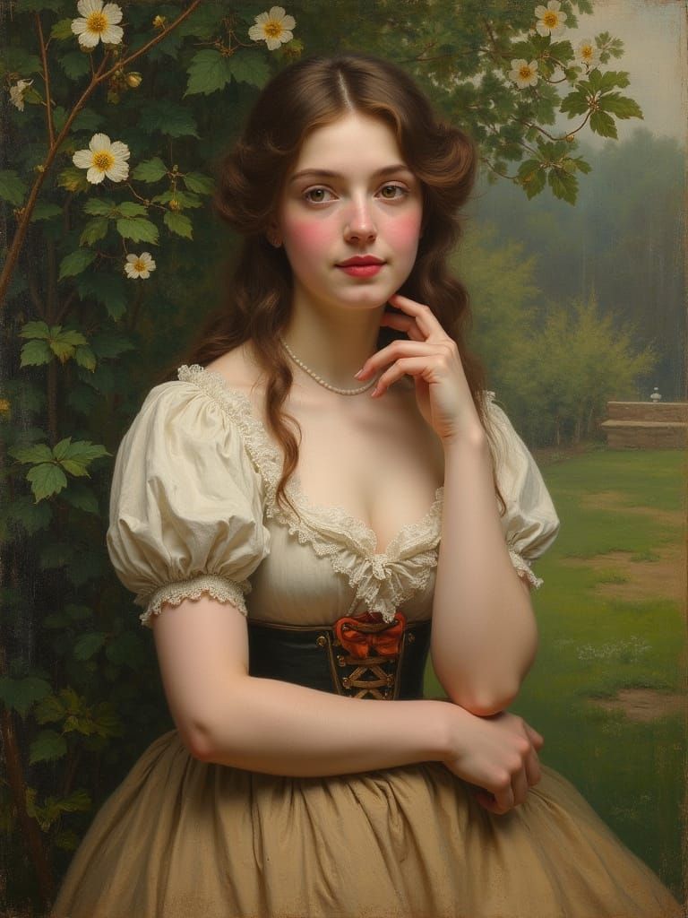 Elegant Victorian Lady Poses in a Lush Garden