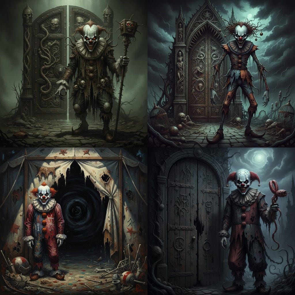 Sinister Creepy Clown Before Ominous Door