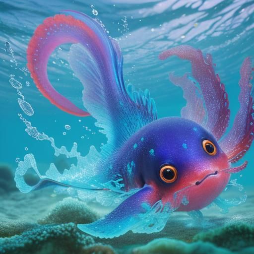 Colorful Chibi Anime Octopus Puppy in Coral Reef