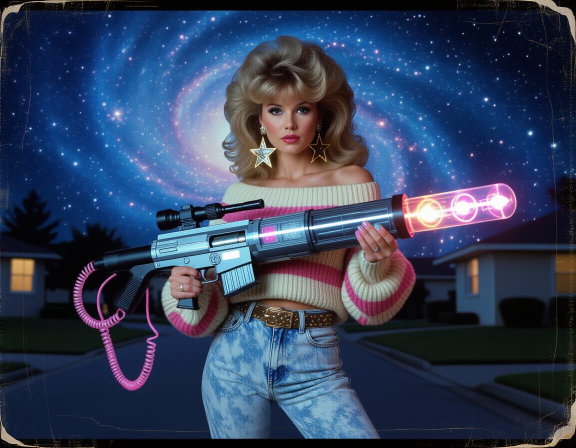 1980s Galaxy Girl with Blaster in VHS Style