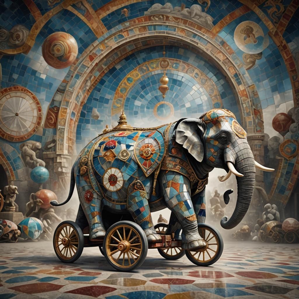 Mosaic Elephant Rides Tricycle in Marble Circus